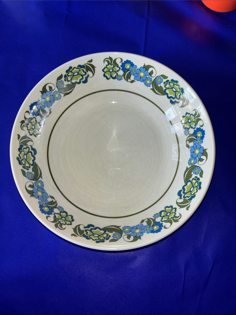 Ceramic Serving Bowl with Blue and Green Floral Rim